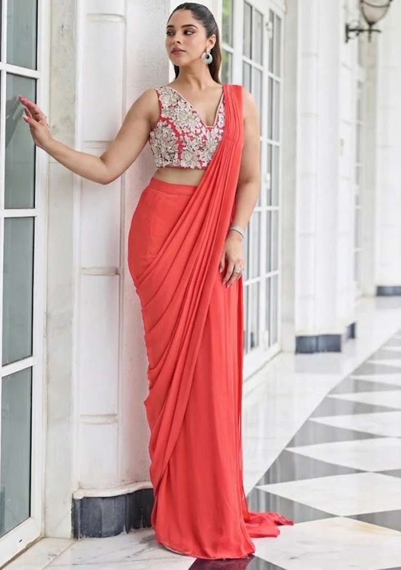 Coral Hand Work Embroidered Pre Draped Saree Set - Indya