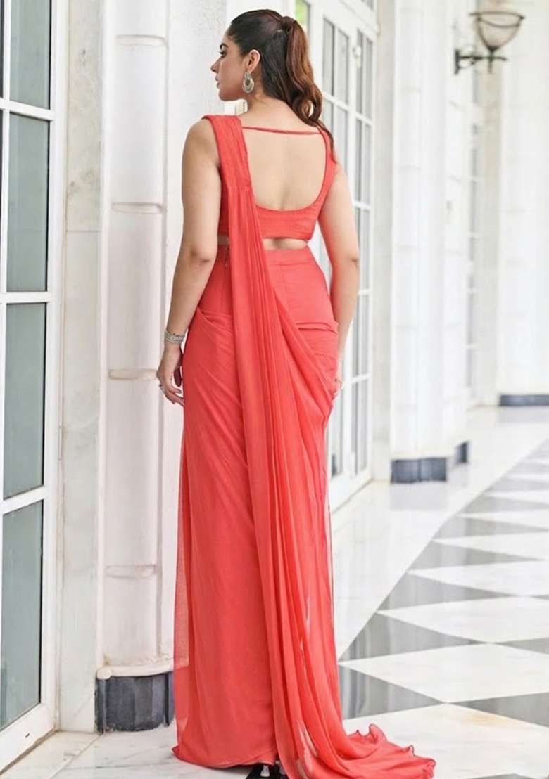 Coral Hand Work Embroidered Pre Draped Saree Set - Indya