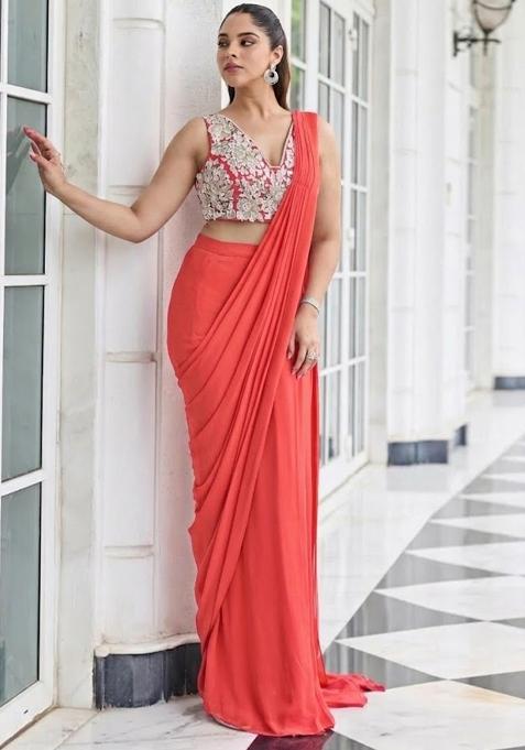 Coral Hand Work Embroidered Pre Draped Saree Set