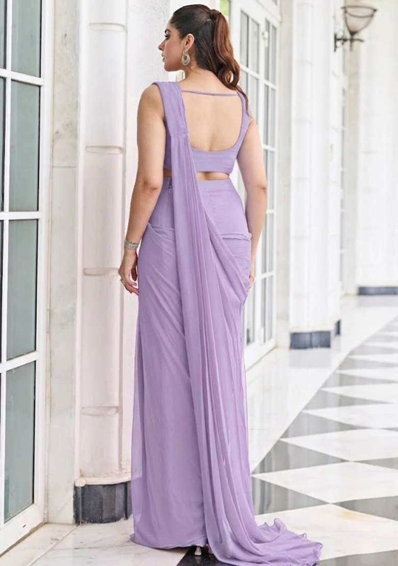 Lilac Hand Work Embroidered Pre Draped Saree Set - Indya