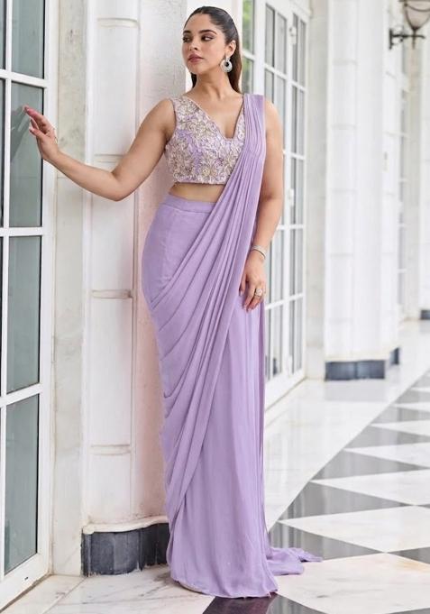 Lilac Hand Work Embroidered Pre Draped Saree Set