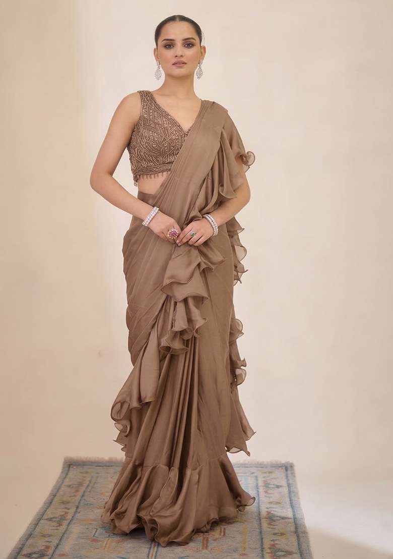  Brown Hand Work Embellished Pre Draped Saree Set - Indya