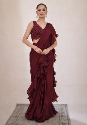 Red Hand Work Embellished Pre Draped Saree Set