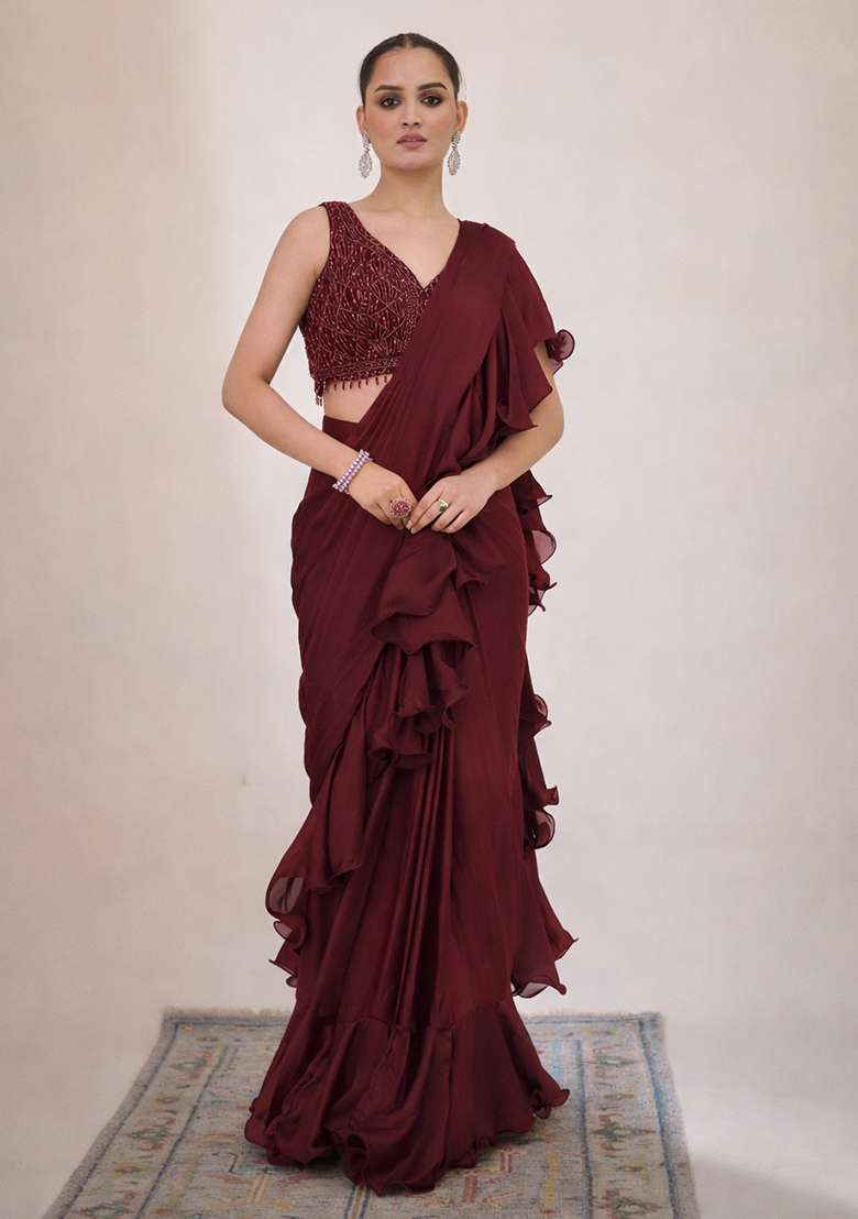 Red Hand Work Embellished Pre Draped Saree Set - Indya