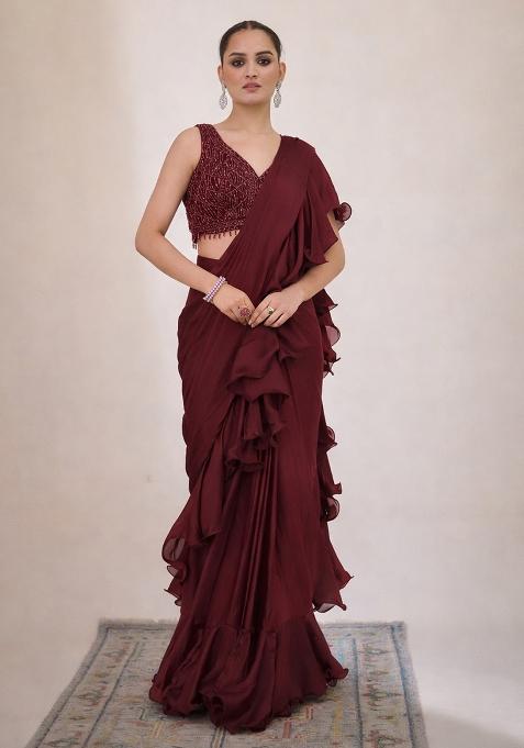 Red Hand Work Embellished Pre Draped Saree Set