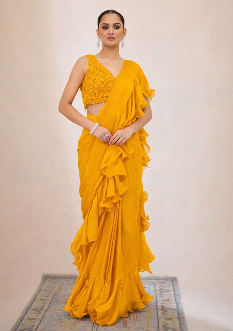 Bright Yellow Hand Work Embellished Pre Draped Saree Set - Indya