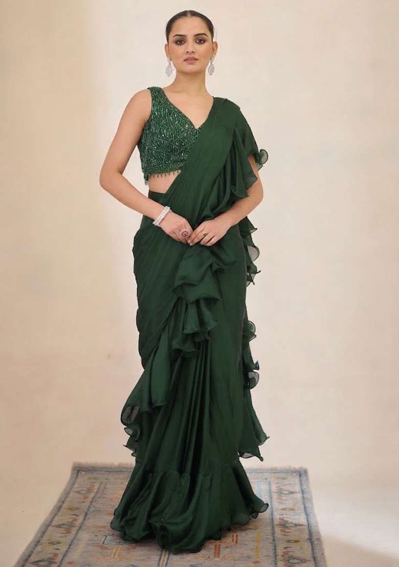 Green Hand Work Embellished Pre Draped Saree Set - Indya