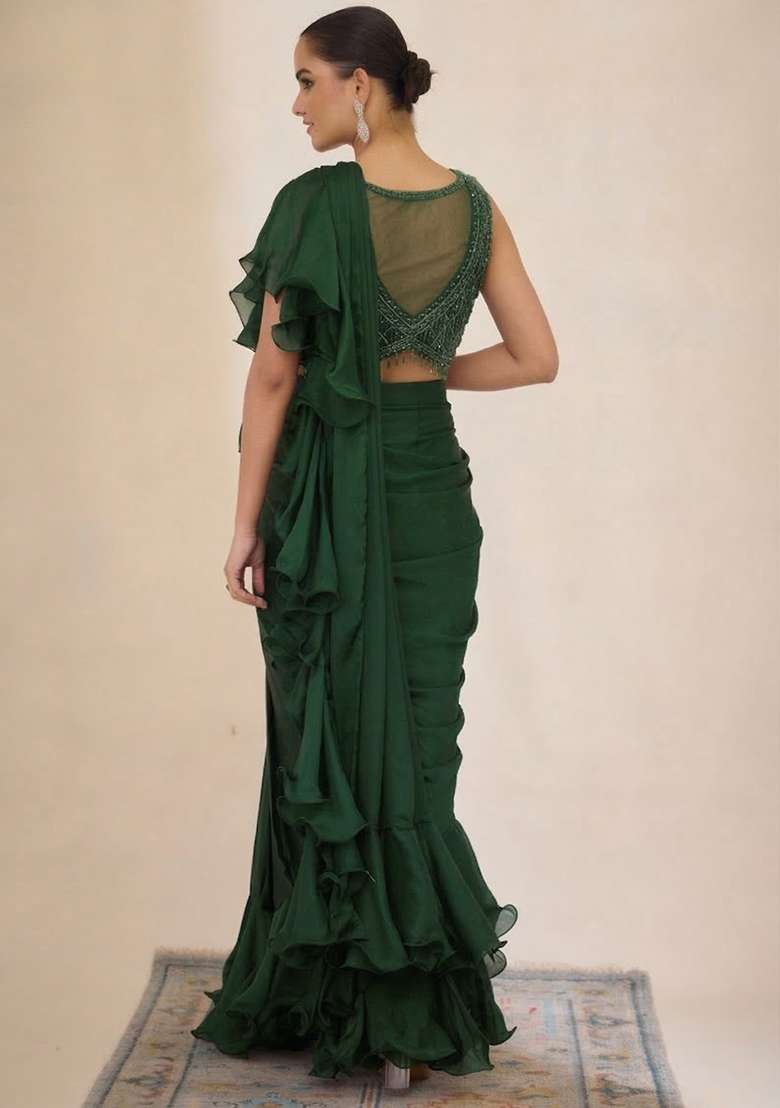Green Hand Work Embellished Pre Draped Saree Set - Indya