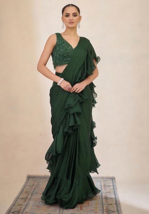 Green Hand Work Embellished Pre Draped Saree Set
