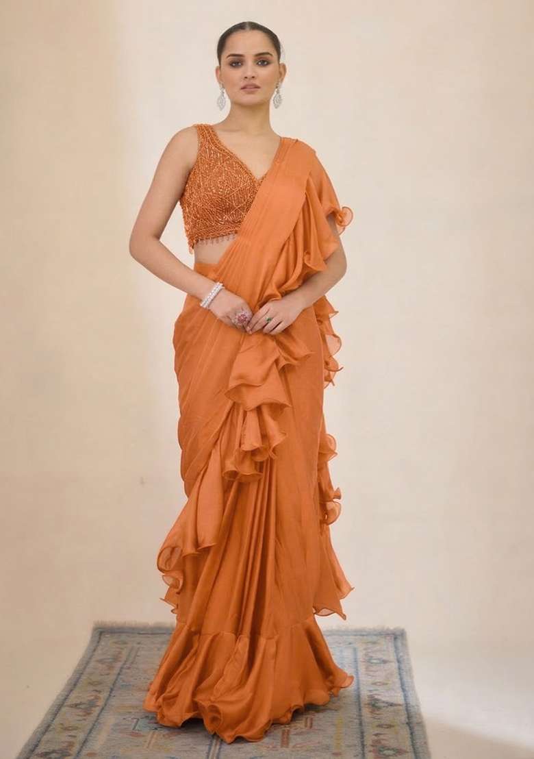 Peach Hand Work Embellished Pre Draped Saree Set - Indya