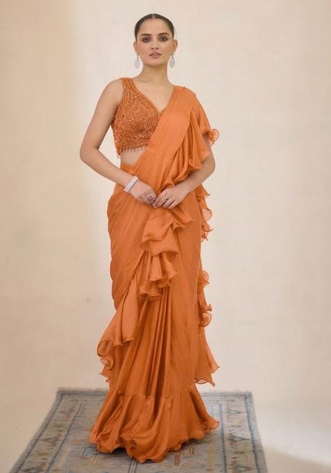 Peach Hand Work Embellished Pre Draped Saree Set