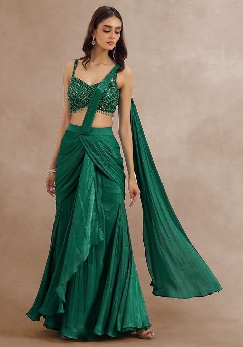 Green Hand Work Embellished Pre Draped Saree Set