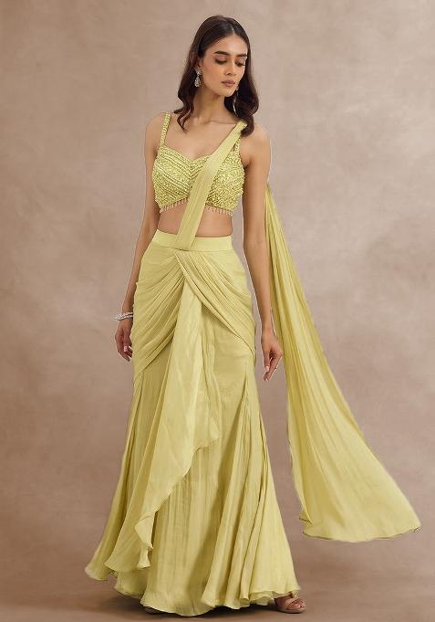 Bright Yellow Hand Work Embellished Pre Draped Saree Set
