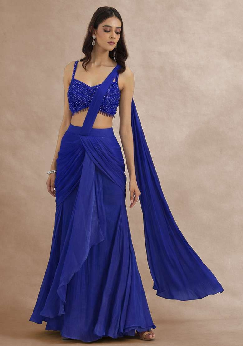 Royal Blue Hand Work Embellished Pre Draped Saree Set - Indya