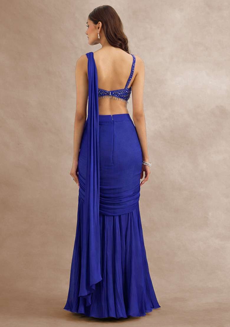 Royal Blue Hand Work Embellished Pre Draped Saree Set - Indya