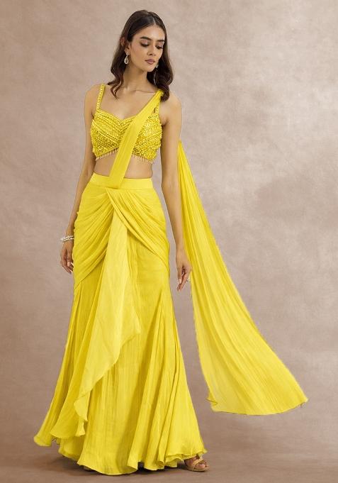 Yellow Hand Work Embellished Pre Draped Saree Set