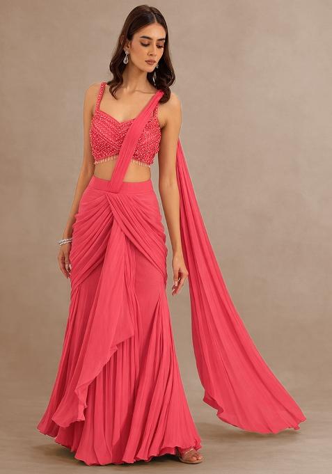 Pink Hand Work Embellished Pre Draped Saree Set