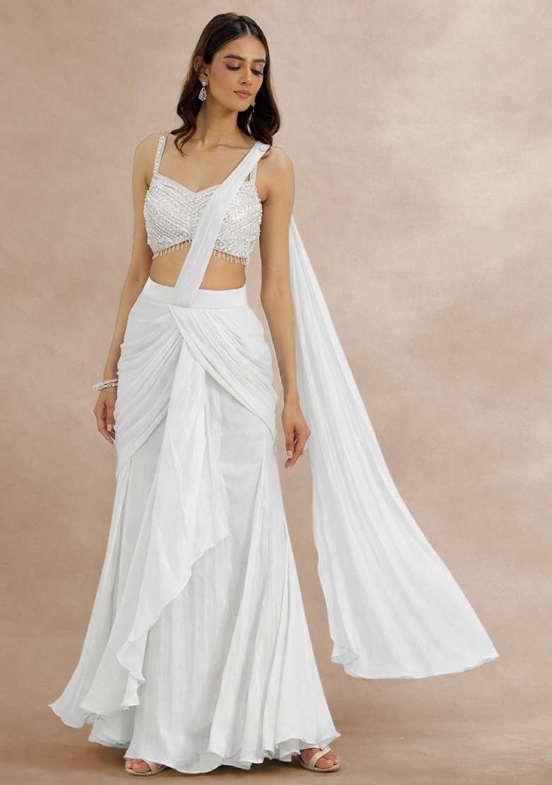 White Hand Work Embellished Pre Draped Saree Set - Indya
