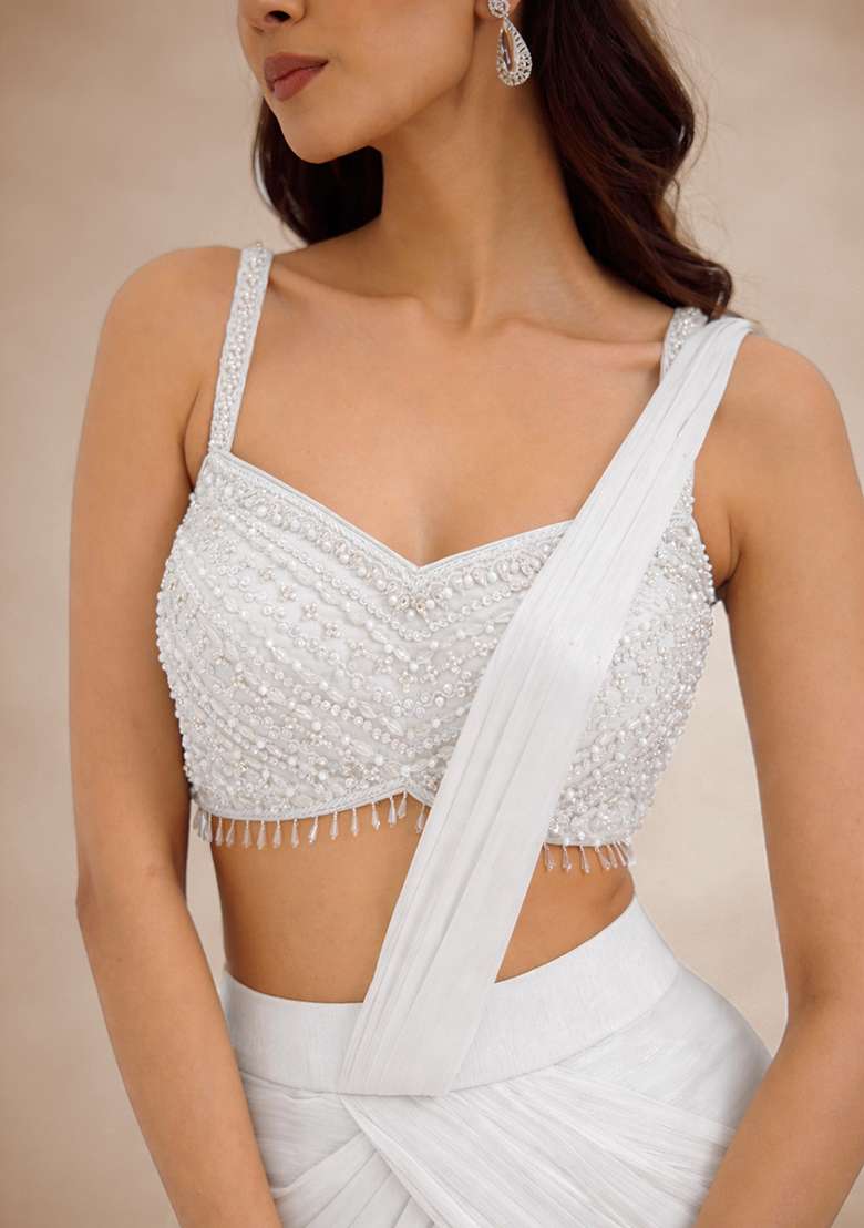 White Hand Work Embellished Pre Draped Saree Set - Indya