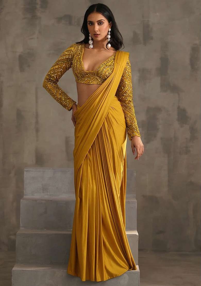 Golden Yellow Hand Work Sequin Pre Draped Saree Set - Indya