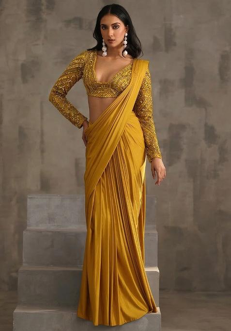 Golden Yellow Hand Work Sequin Pre Draped Saree Set — view on Indya