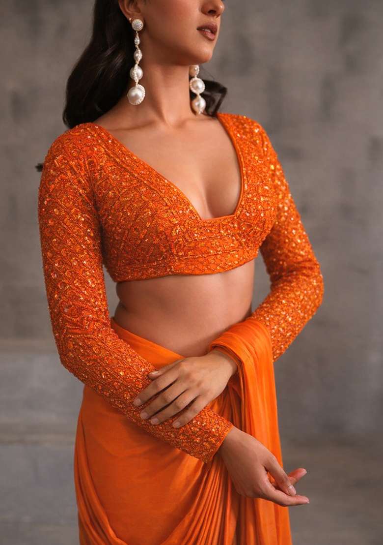 Bright Orange Hand Work Sequin Pre Draped Saree Set - Indya
