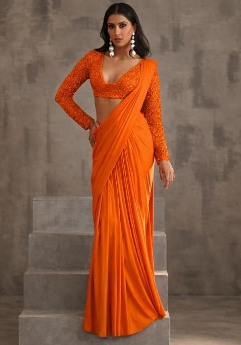 Bright Orange Hand Work Sequin Pre Draped Saree Set
