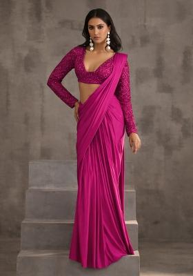 Bright Pink Hand Work Sequin Pre Draped Saree Set