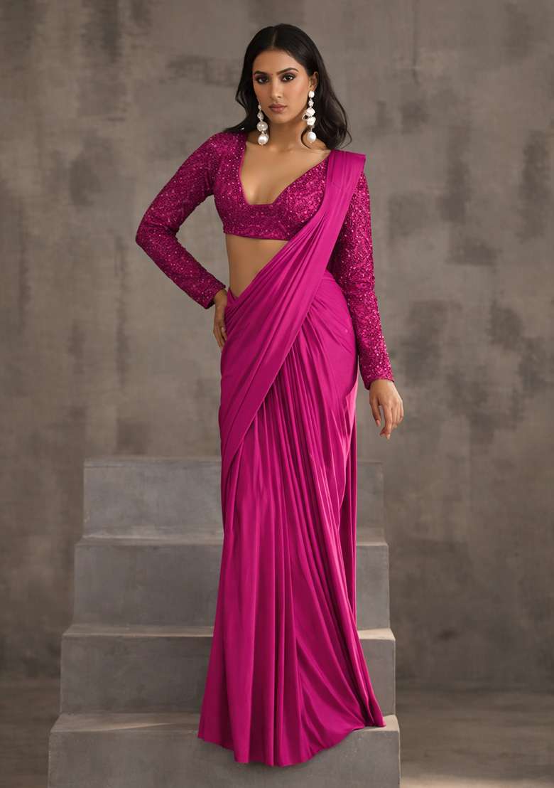 Bright Pink Hand Work Sequin Pre Draped Saree Set - Indya