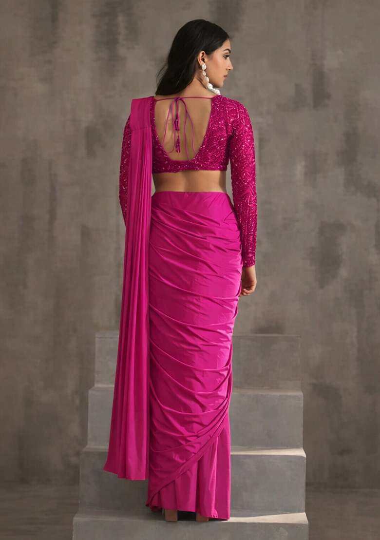 Bright Pink Hand Work Sequin Pre Draped Saree Set - Indya