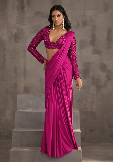 Bright Pink Hand Work Sequin Pre Draped Saree Set