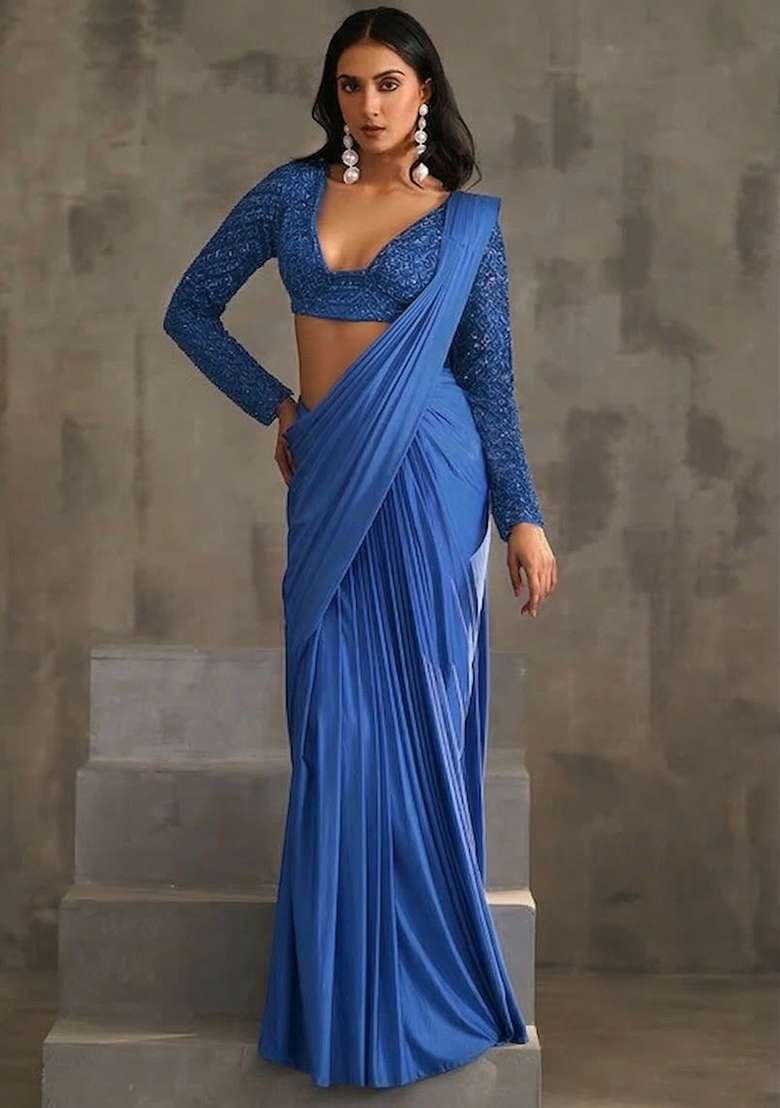 Royal Blue Hand Work Sequin Pre Draped Saree Set - Indya