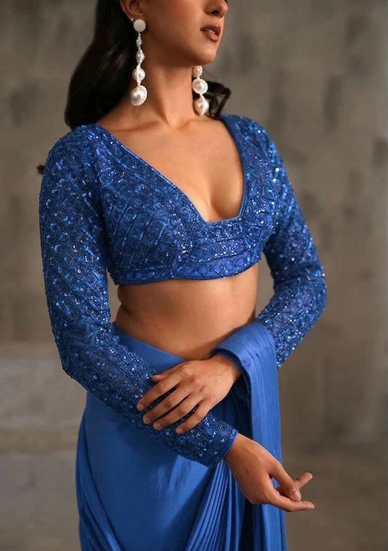 Royal Blue Hand Work Sequin Pre Draped Saree Set - Indya