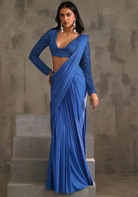 Royal Blue Hand Work Sequin Pre Draped Saree Set