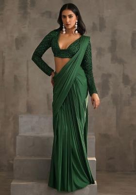 Green Hand Work Sequin Pre Draped Saree Set