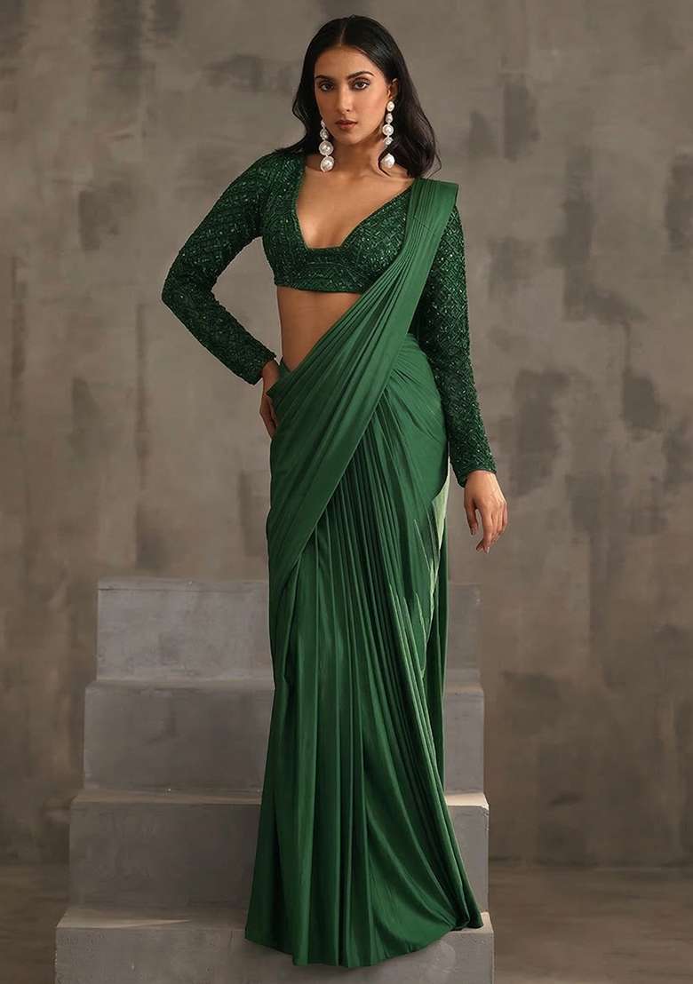 Green Hand Work Sequin Pre Draped Saree Set - Indya