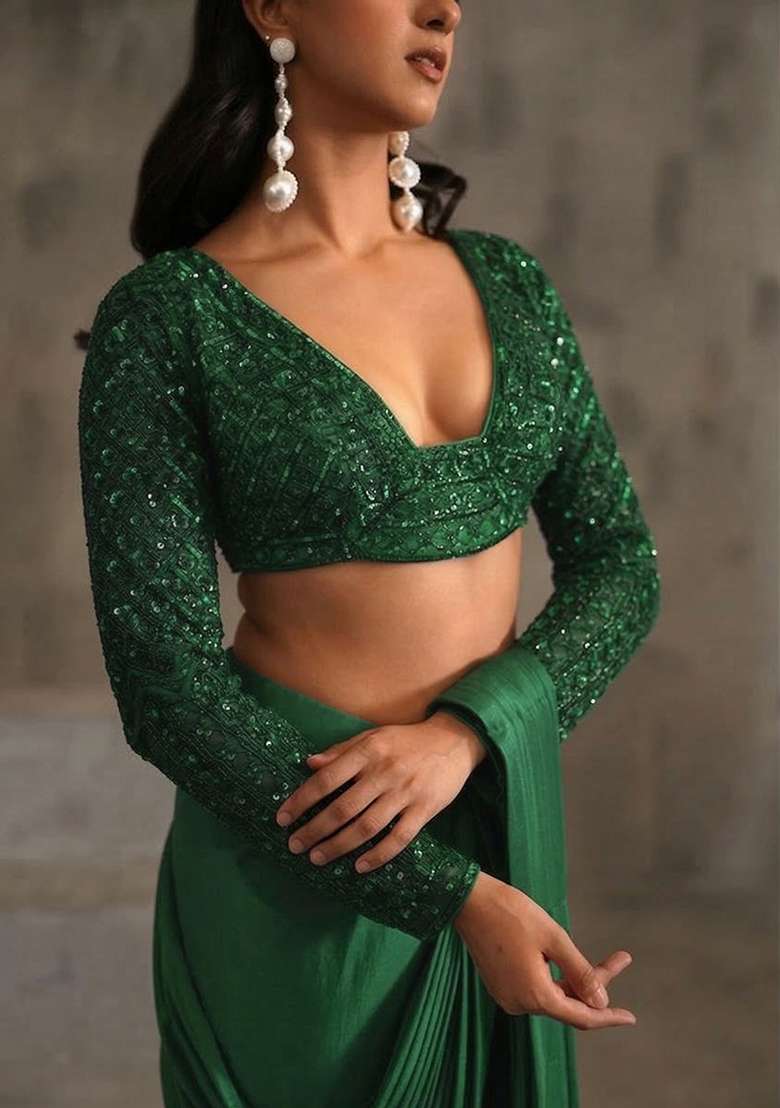 Green Hand Work Sequin Pre Draped Saree Set - Indya
