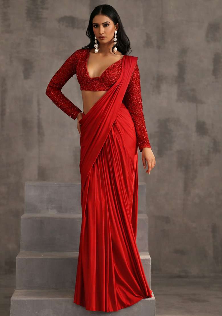 Bright Red Hand Work Sequin Pre Draped Saree Set - Indya