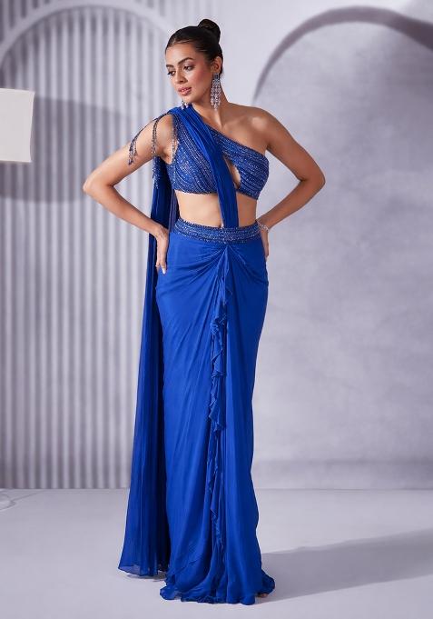 Bright Blue Hand Work Embellished Pre Draped Saree Set