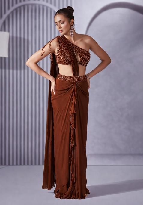 Brown Hand Work Embellished Pre Draped Saree Set