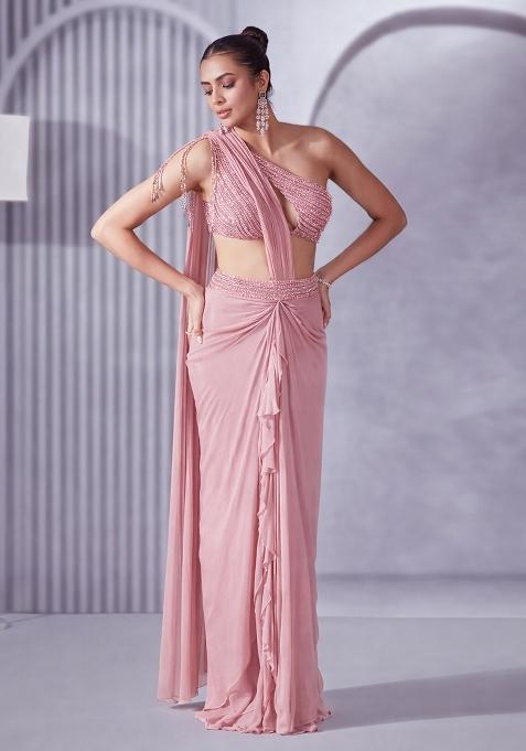 Blush Pink Hand Work Embellished Pre Draped Saree Set