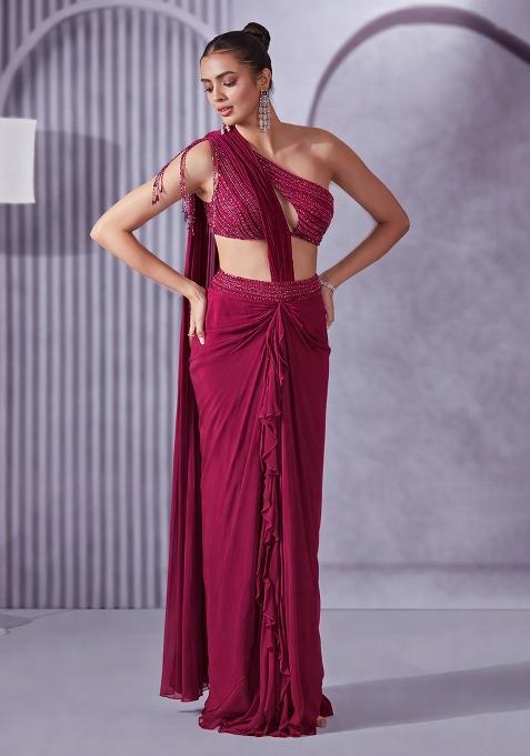 Cherry Red Hand Work Embellished Pre Draped Saree Set