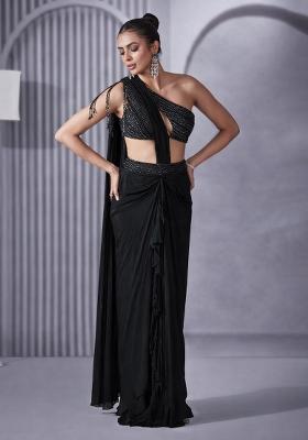 Dark Brown Hand Work Embellished Pre Draped Saree Set