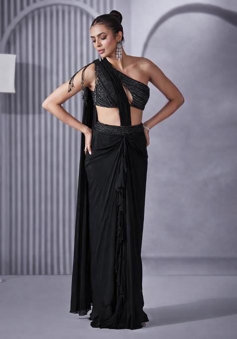 Dark Brown Hand Work Embellished Pre Draped Saree Set