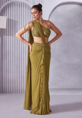 Olive Green Hand Work Embellished Pre Draped Saree Set