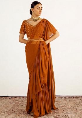 Burnt Orange Hand Work Embellished Pre Draped Saree Set