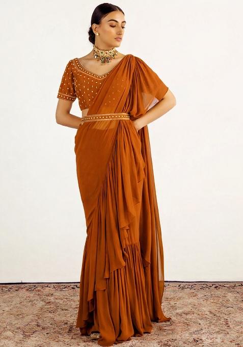 Burnt Orange Hand Work Embellished Pre Draped Saree Set