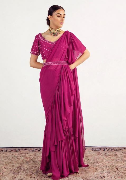 Pink Hand Work Embellished Pre Draped Saree Set