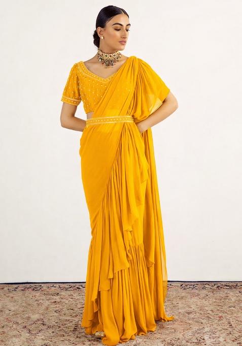 Lime Green Hand Work Embellished Pre Draped Saree Set