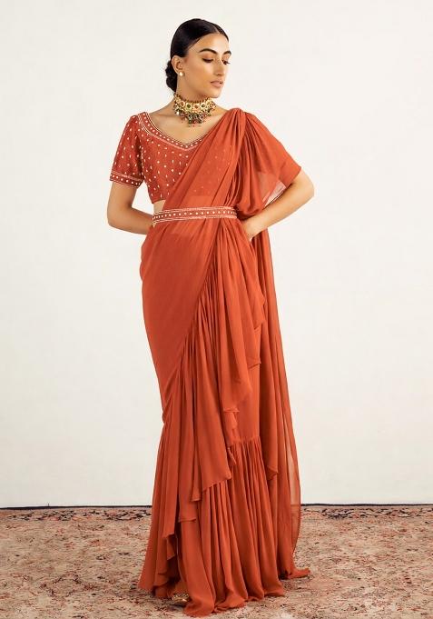 Warm Brown Hand Work Embellished Pre Draped Saree Set